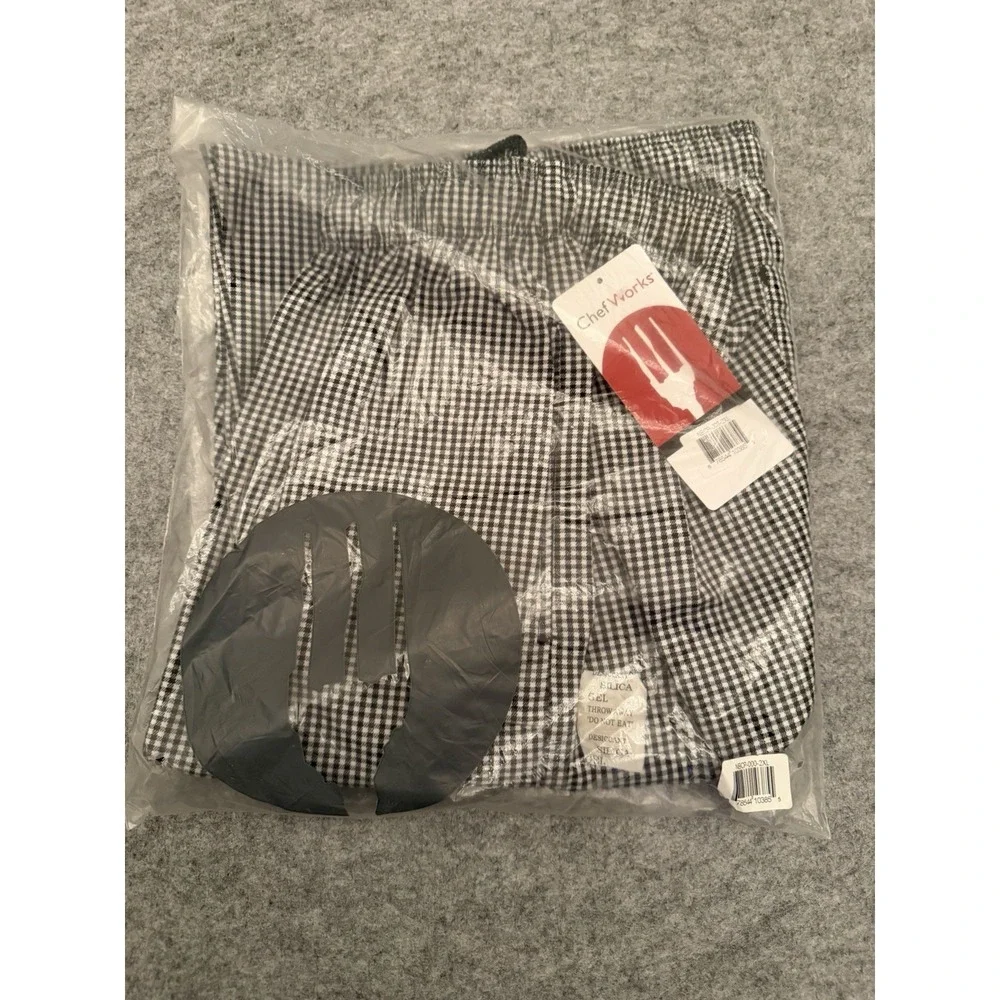 NWT Chef Works Baggy Pants Pockets Elastic Waist Drawstring Black White Checked